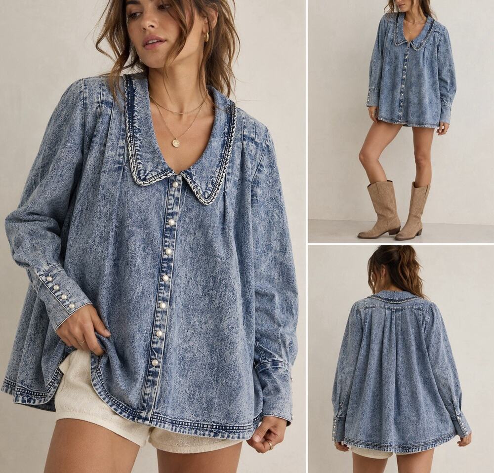 Free People Lighten Up Denim Tunic Top XS Acid Wash Oversized NWT